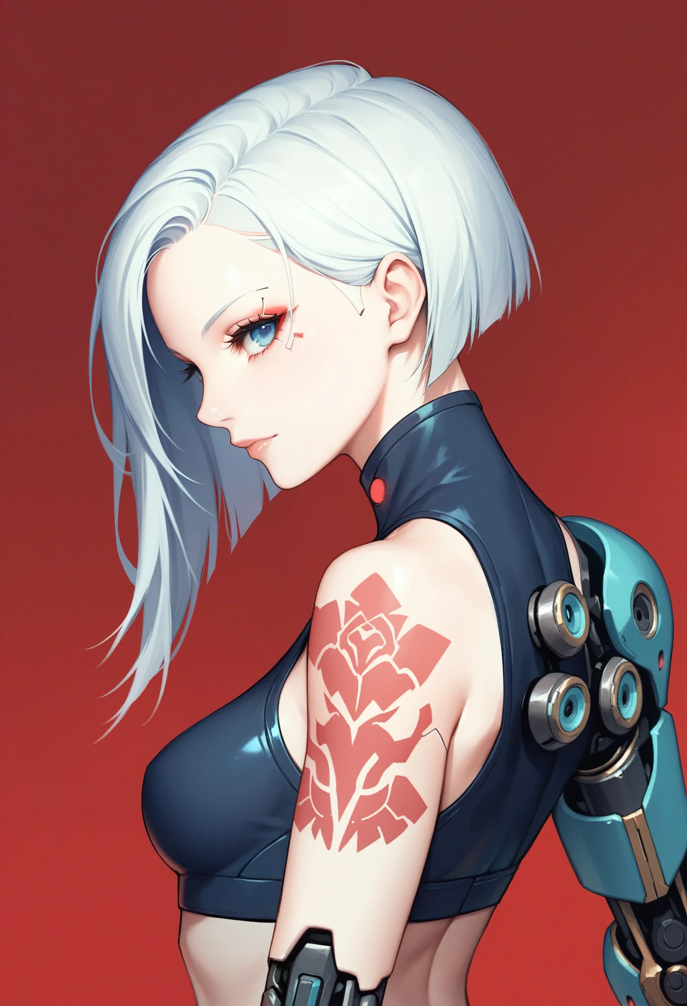 1 girl, alone, looking at the viewer, simple background, blue eyes, closed mouth, short white hair, wearing a crop top, mechanical arms, floral tattoos, katana on the back, intricate tattoos, Cyberpunk style, side view, Red background, elegant metallic body parts, cybernetic limbs, parts, intense look, Futuristic aesthetics and robotic details