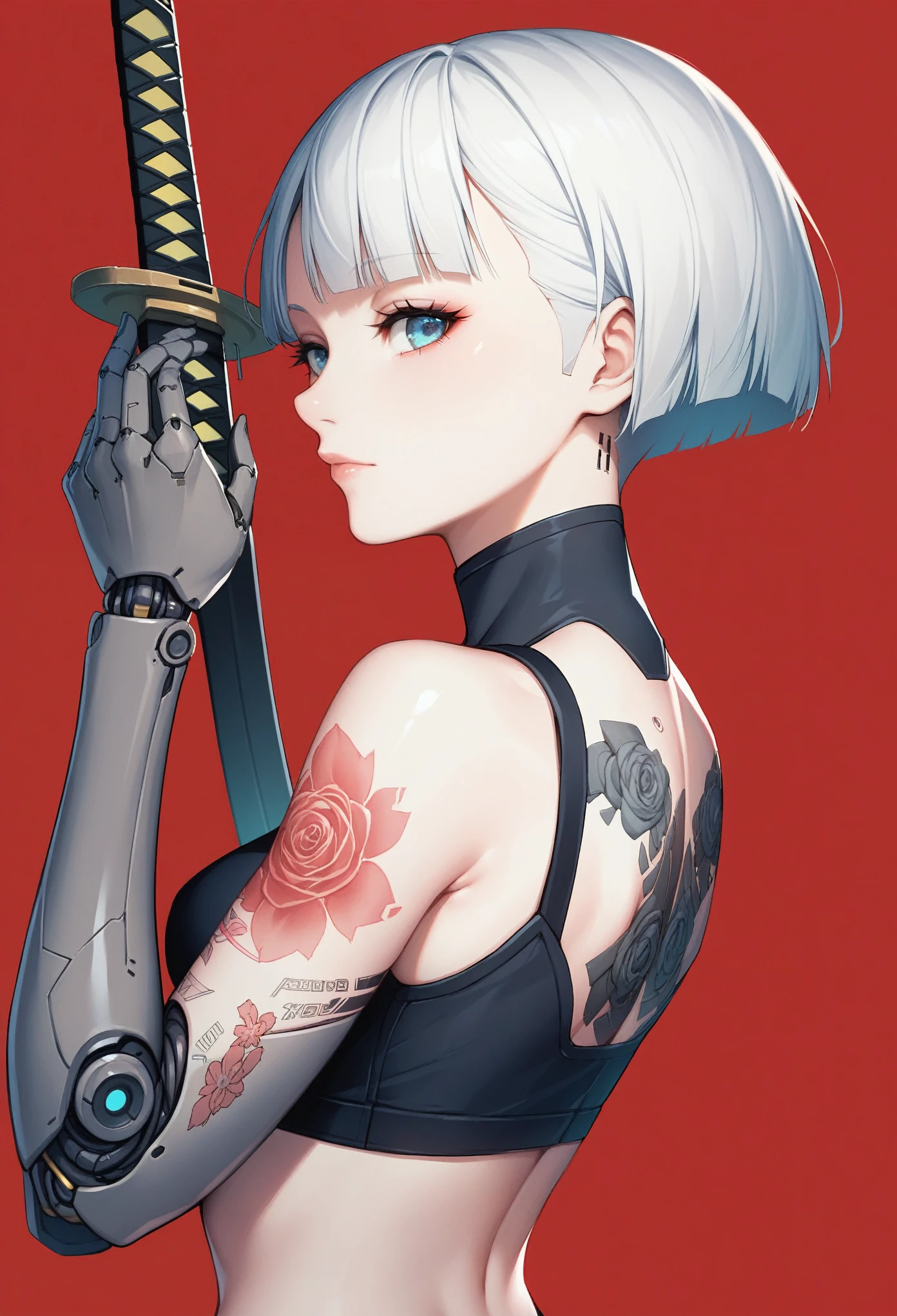 1 girl, alone, looking at the viewer, simple background, blue eyes, closed mouth, short white hair, wearing a crop top, mechanical arms, floral tattoos, katana on the back, intricate tattoos, Cyberpunk style, side view, Red background, elegant metallic body parts, cybernetic limbs, parts, intense look, Futuristic aesthetics and robotic details