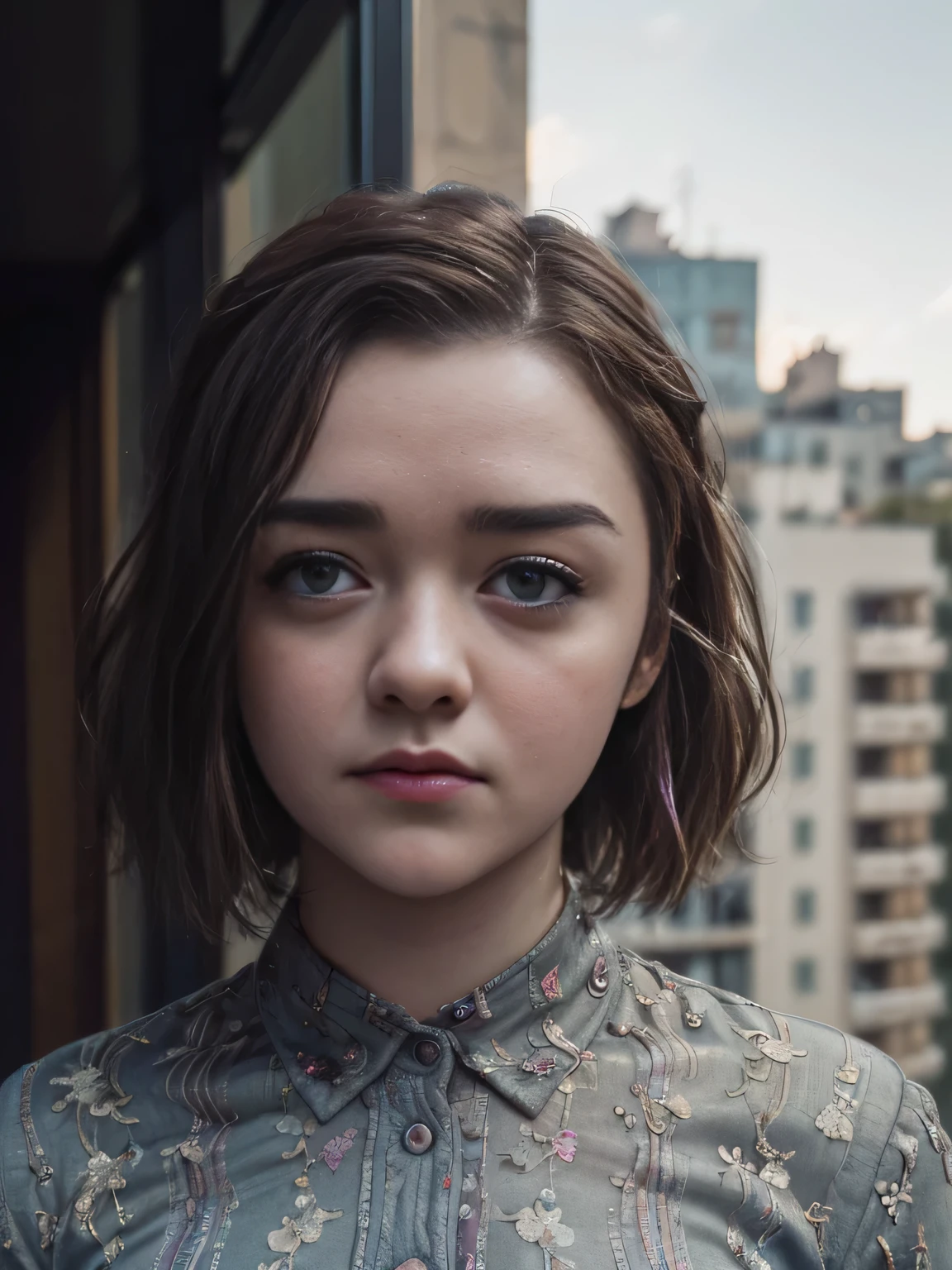 photo of Maisie Williams, RAW, beautiful woman, ((portrait)), ((detailed face:1.2)), ((detailed facial feature, detailed skin, clear skin), (perfect proportioned body), (wearing a colorful dress) (high detailed city environment, apartment balcony), (realistic photo, best quality, detailed), (8k wallpaper), (cinematic lighting, dramatic lighting) (sharp focus, intricate)