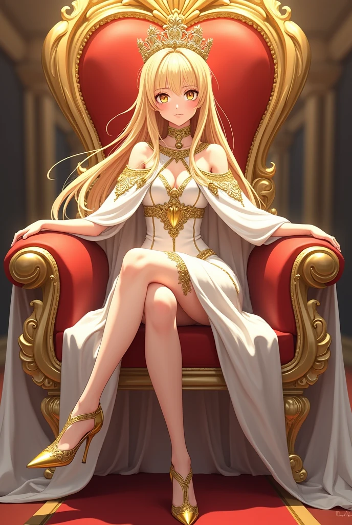 (a beautiful fantasy empress, Crowned with long blonde hair、Anime girl sitting in a chair, a character portrait by Yang J, pixiv, Fantasy Art, Detailed Digital Anime Art, guweiz on pixiv artstation, cushart krenz key art feminine, guweiz on artstation pixiv, Detailed key anime art)