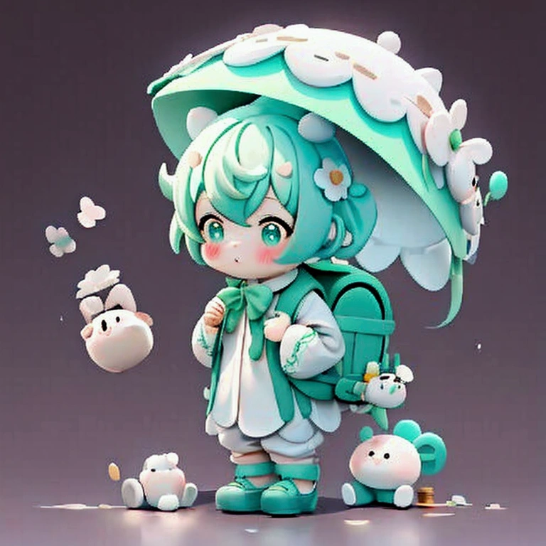 { "size": "1024x1024", "prompt": "Create an art toy character inspired by the attached image. The character is a cute, chibi-style child with a large head, white hair, and green eyes. The child wears a white shirt with a green undershirt, dark pants, and green shoes. The child holds a backpack and an umbrella resembling a 'khanom thuai' (ขนมถ้วย) dessert bowl on their head, and one of these bowls is on the ground, partially broken, revealing the dessert inside. The style is whimsical and adorable, with a cute, simple design." }
