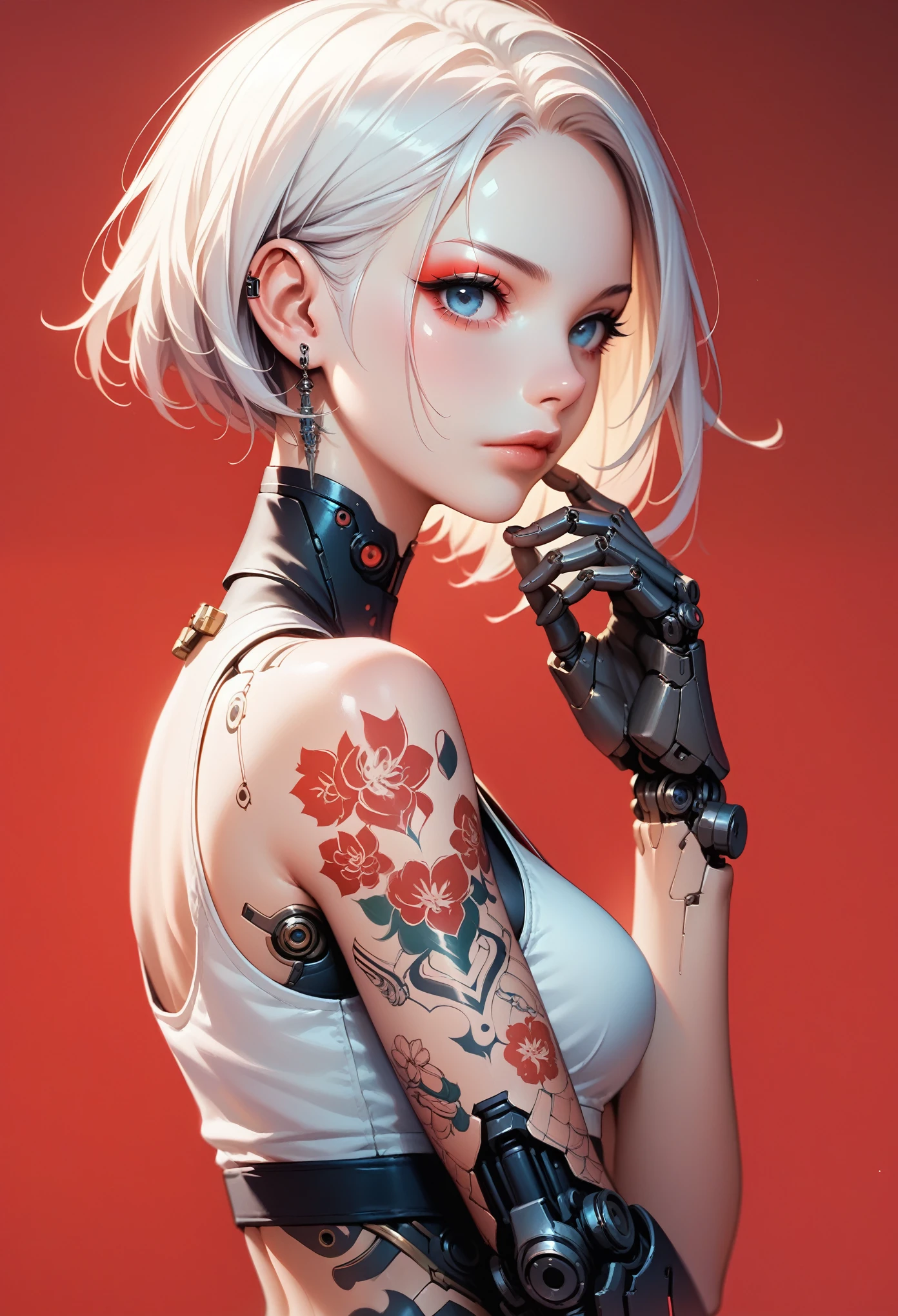 1 girl, alone, looking at the viewer, simple background, blue eyes, closed mouth, short white hair, wearing a crop top, mechanical arms, floral tattoos, katana on the back, intricate tattoos, Cyberpunk style, side view, Red background, elegant metallic body parts, cybernetic limbs, parts, intense look, Futuristic aesthetics and robotic details