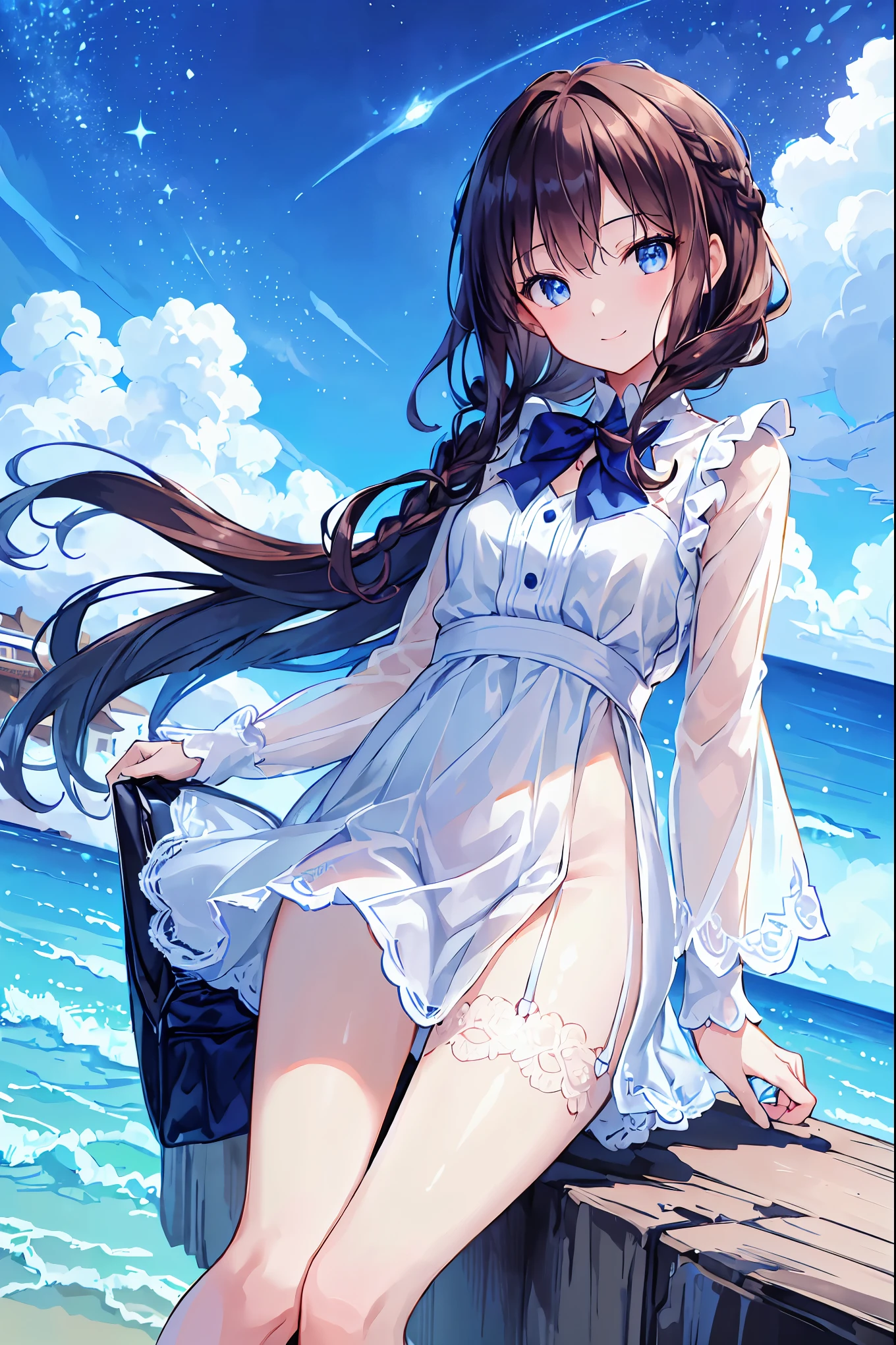 ((2D Beautiful Girl:1.1、top-quality:1.1、perfect fingers:1.1、perfect anatomia:1.1、Perfect outfit、face perfect:1.1、Beautiful illustration))、cute petit girl、(transform sequence)、((cute decorative headband、Pretty one-piece swimsuit with white and blue frills))、14years、Solio、hime、Fractal Art、baby-face、((stright long hair))、Beautiful big drooping eyes、hanikami、(full-shot)、((1人))、Blue sky and beach in the background、A dark-haired、Standing facing the front
