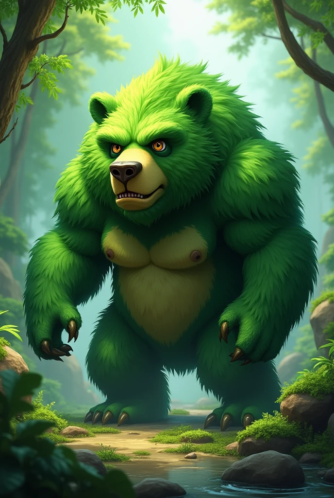 a caramel brown colored fur and hyper muscular grizzly bear, green hair, green eyes, closed smile, bara bear, himbo body, nsfw, high quality furry art, 3D art.