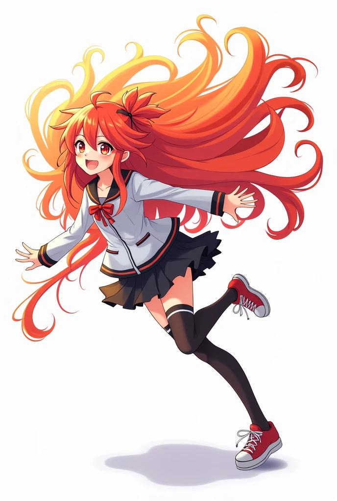 1girl. Ginger hair. Low twintails. White shirt without sleeves. Orange mini skirt. Orange eyes. White high boots