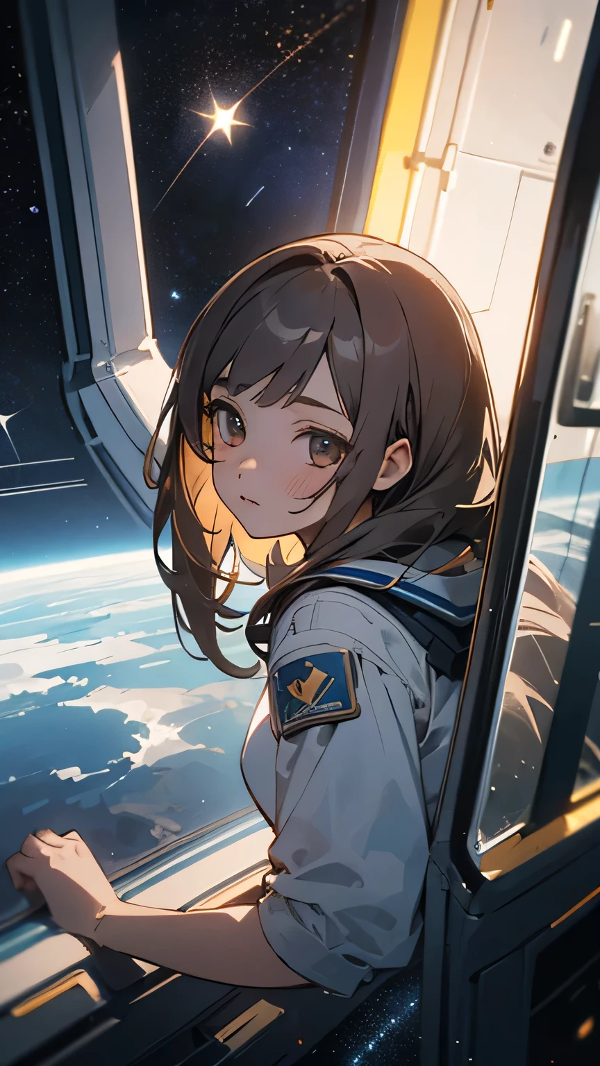 Anime girl looking out of a window at the earth - SeaArt AI
