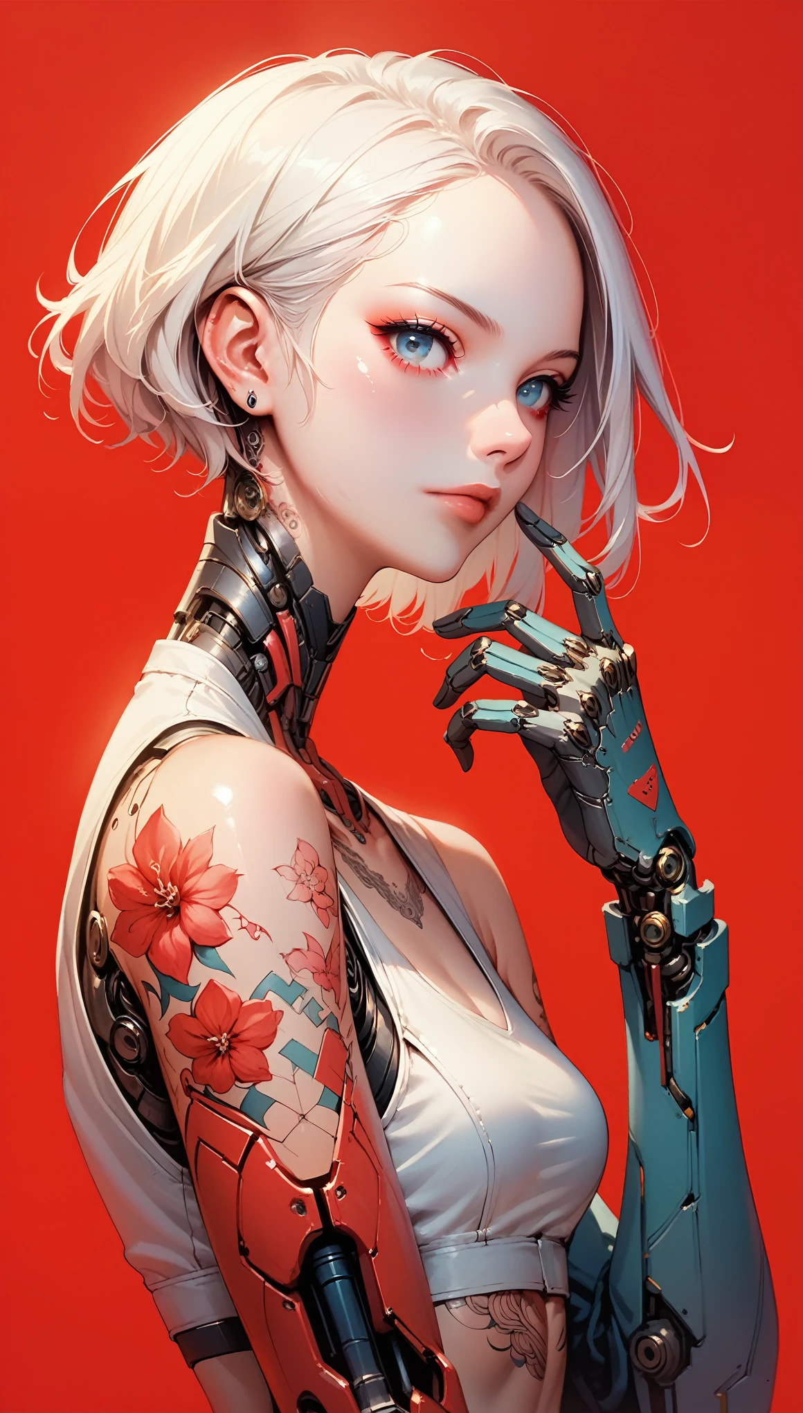 1 girl, alone, Looking at the viewer, simple background, blue eyes, closed mouth, short white hair, wearing a crop top, mechanical arms, floral tattoos, katana on the back, intricate tattoos, Cyberpunk style, side view, Red background, elegant metallic body parts, cybernetic limbs, parts, intense look, Futuristic aesthetics and robotic details