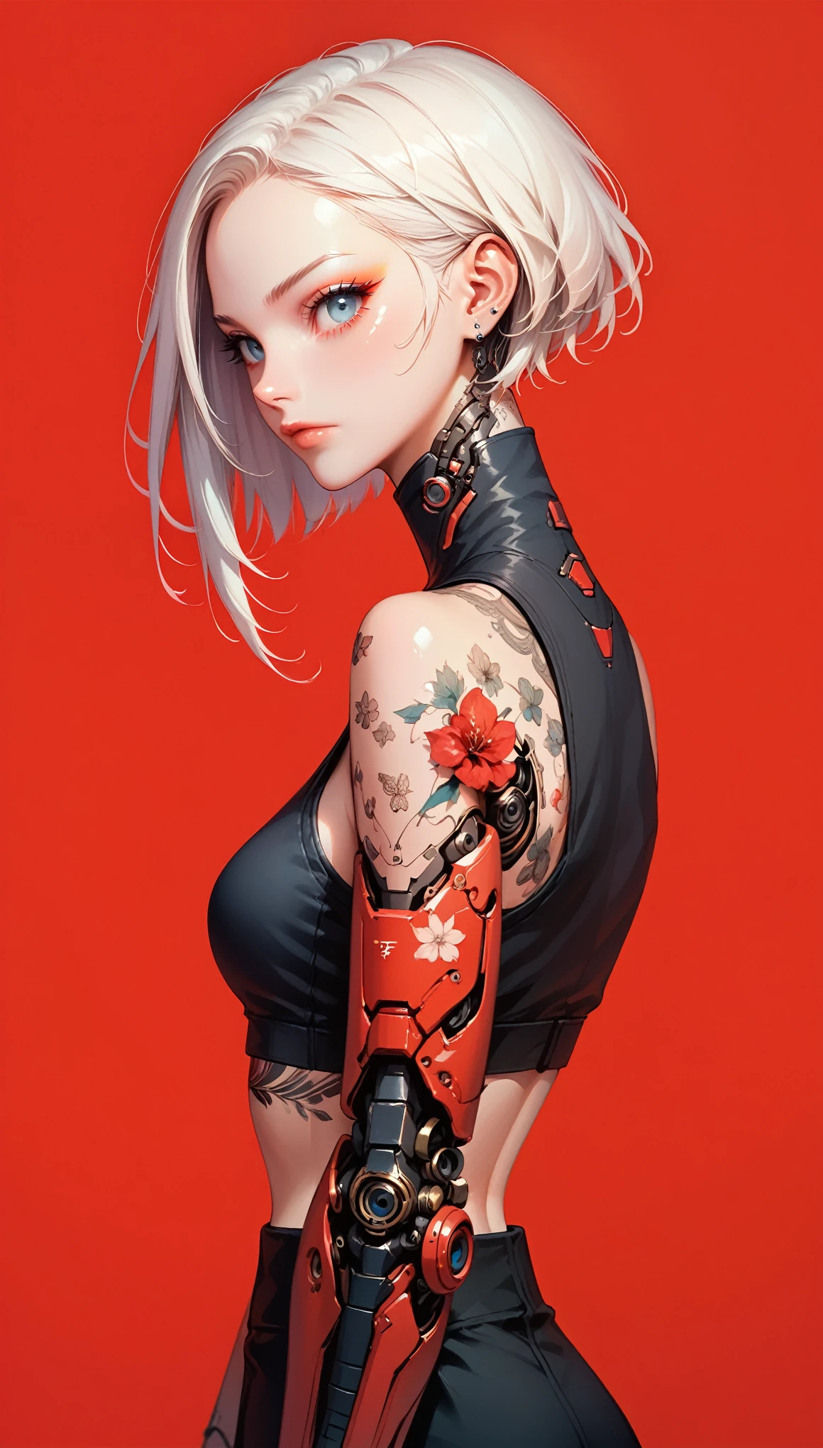 1 girl, alone, Looking at the viewer, simple background, blue eyes, closed mouth, short white hair, wearing a crop top, mechanical arms, floral tattoos, katana on the back, intricate tattoos, Cyberpunk style, side view, Red background, elegant metallic body parts, cybernetic limbs, parts, intense look, Futuristic aesthetics and robotic details