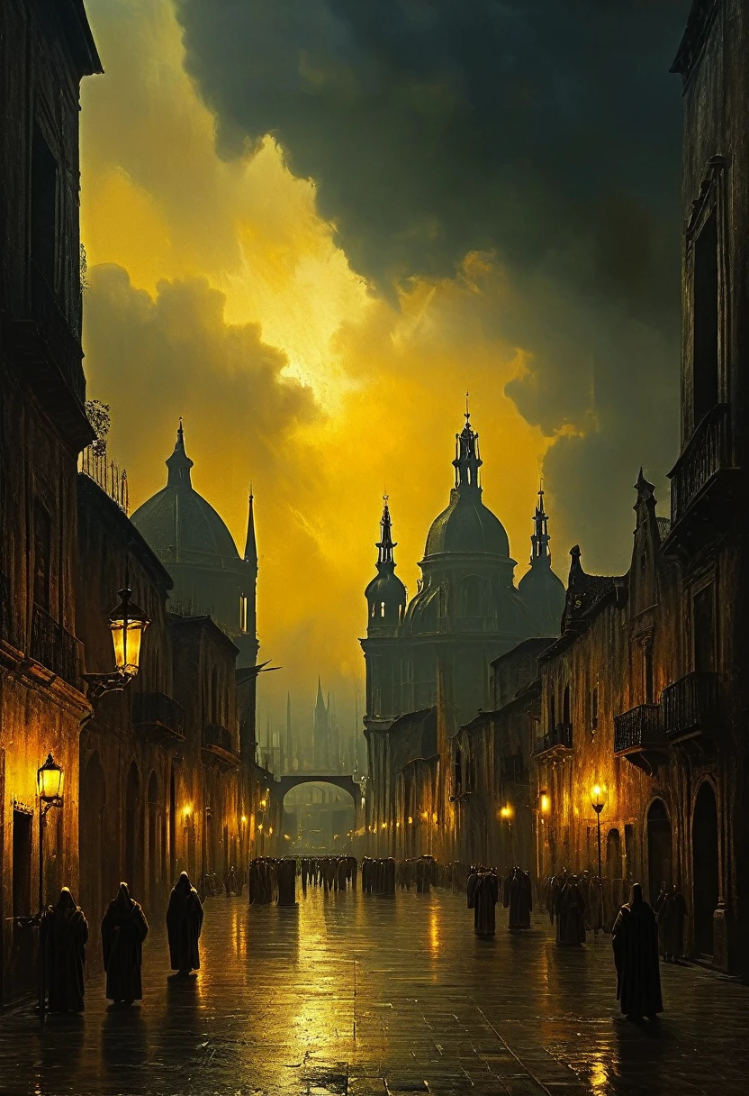 ((dark Renaissance by Bartolome Murillo)) ((an ancient Gothic city stands in the middle of a futuristic city of the future)), tragic scene, dark clouds, half-turned gaze at the viewer, ((in the style of Bartolome Murillo)), dark Renaissance, gradient of an aged yellowed canvas, ((best quality, masterpiece)), (higher detail right), impressionism: 1.1, 8k
