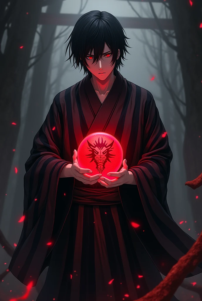 cold, black raven-haired man with piercing crimson eyes. He wears a black kimono adorned with golden strips, adding a touch of elegance to his otherwise dark appearance. In his hand, he holds a red marble that has the eerie power to imprison souls. The background is inspired by the Dark Souls theme, with a haunting, gothic atmosphere filled with shadows and ancient ruins. The entire scene is styled in a dramatic anime fashion, emphasizing the character’s mysterious and formidable presence.