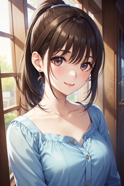 Hifumi Mitokimoto、Hifumi Takimoto、Long Hair,Closed Mouth、smile、bangs、blue eyes、ponytail、Purple Hair、Hair Bows、high quality、Shooting from the front、可愛らしいsmile、Beautiful thighs、nice waist、skirt、White T-shirt、白色のcamisole 非常に詳細な顔, Perfect lighting, Extremely detailed CG,camisole、Party Dresses、Cowboy Shot、Leaning forward、