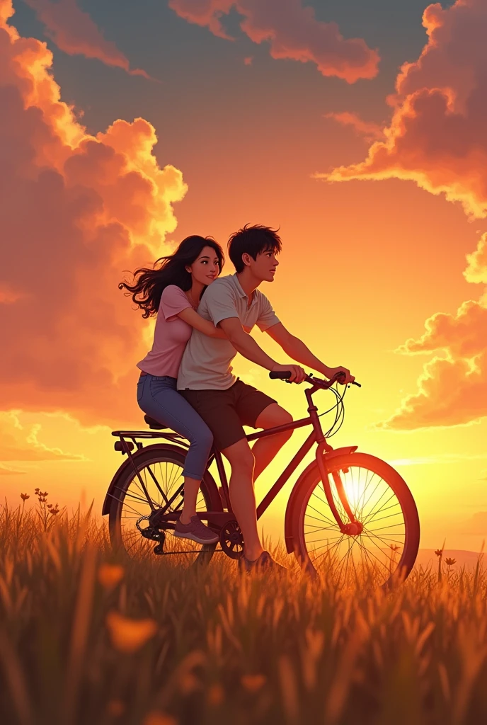 (masterpiece, best quality:1.2), illustration Artwork, Summer sunset, Silhouette of A boy is riding his bicycle, his girlfriend sitting on back of his bicycle, he is slowly going down a long long downhill with his hands on the brakes. Double exposure, the couple's smiling face, hyper Realistic, Cinema Lighting