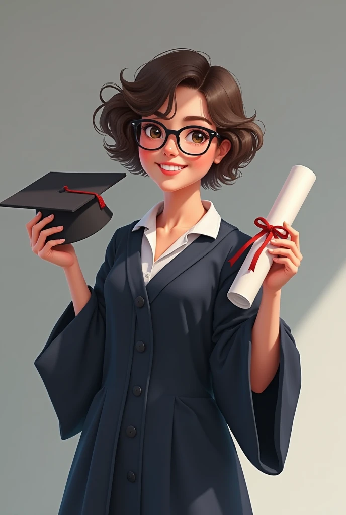 a female teacher with short hair and glasses, standing next to a chalkboard full of notes, watercolor style, pastel tones,