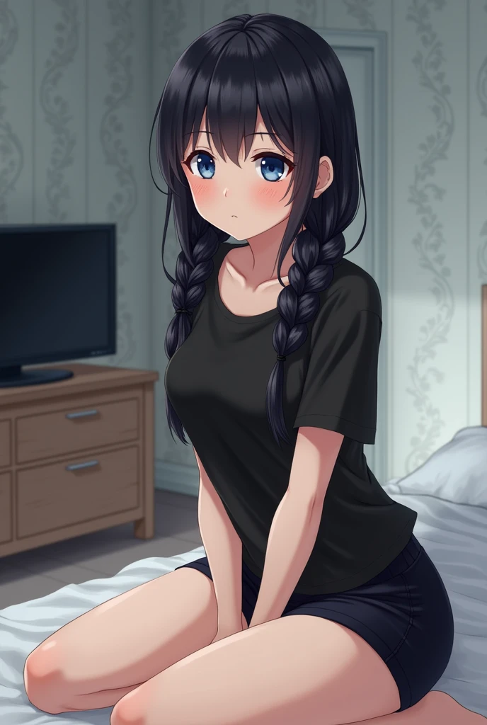masterpiece, 1girl, nsfw, pijama shirt, no pants, ((pussy)), vulva, siting, pread legs,cozy, sensual, embarassed, puffy, aroused, night, warm colors, piajama,BREAK perfect face,expressive eyes, cute