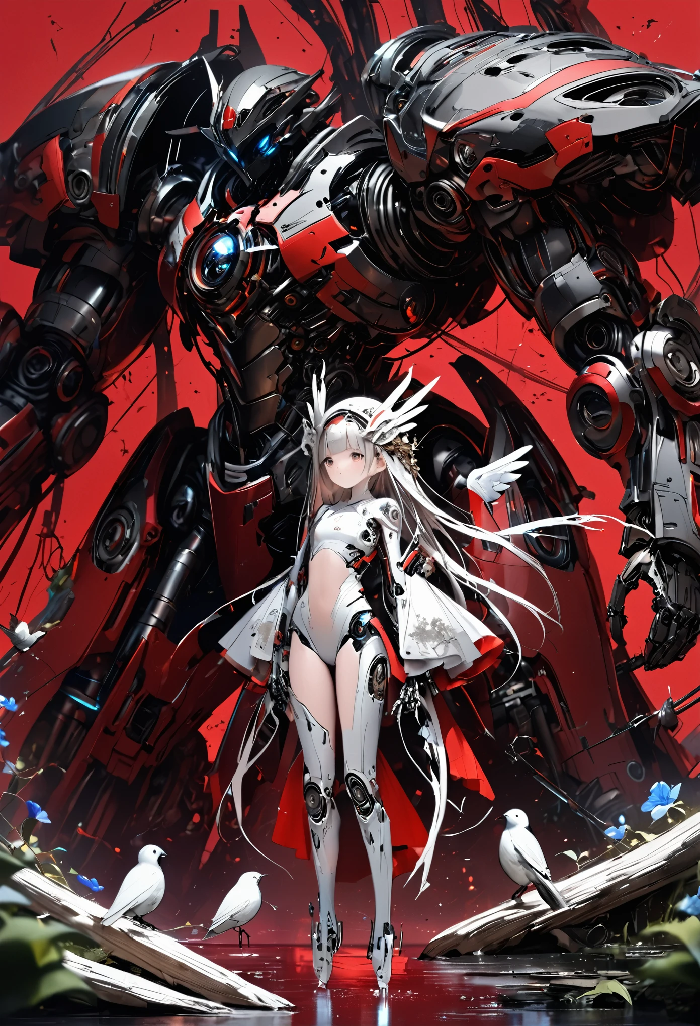 A cyber war with highly advanced mechanical arms and legs, perfectly fused with his human body. Her artificial skin shines with the metallic reflection of the robotic parts that cover her limbs., showing a contrast between the organic and the mechanical. She wears a tight white top that highlights her athletic build., while his detailed tattoos, of flowers and birds, adorn their torso and thighs, adding a touch of humanity and art to its futuristic appearance. They look ahead with determination Behind them, A katana sword is fixed, Ready for combat The deep red background highlights her figure, creating a bold and energetic atmosphere The mechanical details on its extremities show cutting-edge technology. Chrome finish and perfectly integrated with your skin. The warrior seems to be ready for a mission, merging strength, precision and aesthetics in one body