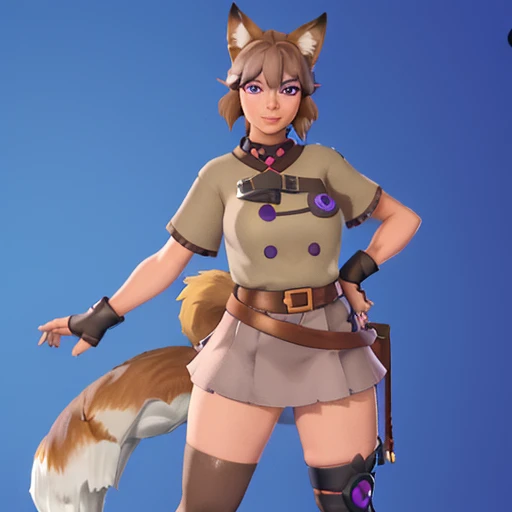 Amey Ferral:*age 19, female ,kitsune brown short tomboy hair and violet eyes, fox ears and tail, huge M-size breasts and thicc thighs nice curves ande ass, about 4,9 ear piercing button, brown grey shirt,ready to snap outfit short skirt*