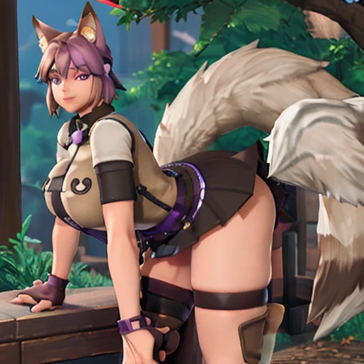 Amey Ferral:*age 19, female ,kitsune brown short tomboy hair and violet eyes, fox ears and tail, huge M-size breasts and thicc thighs nice curves ande ass, about 4,9 ear piercing button, brown grey shirt,ready to snap outfit short skirt*