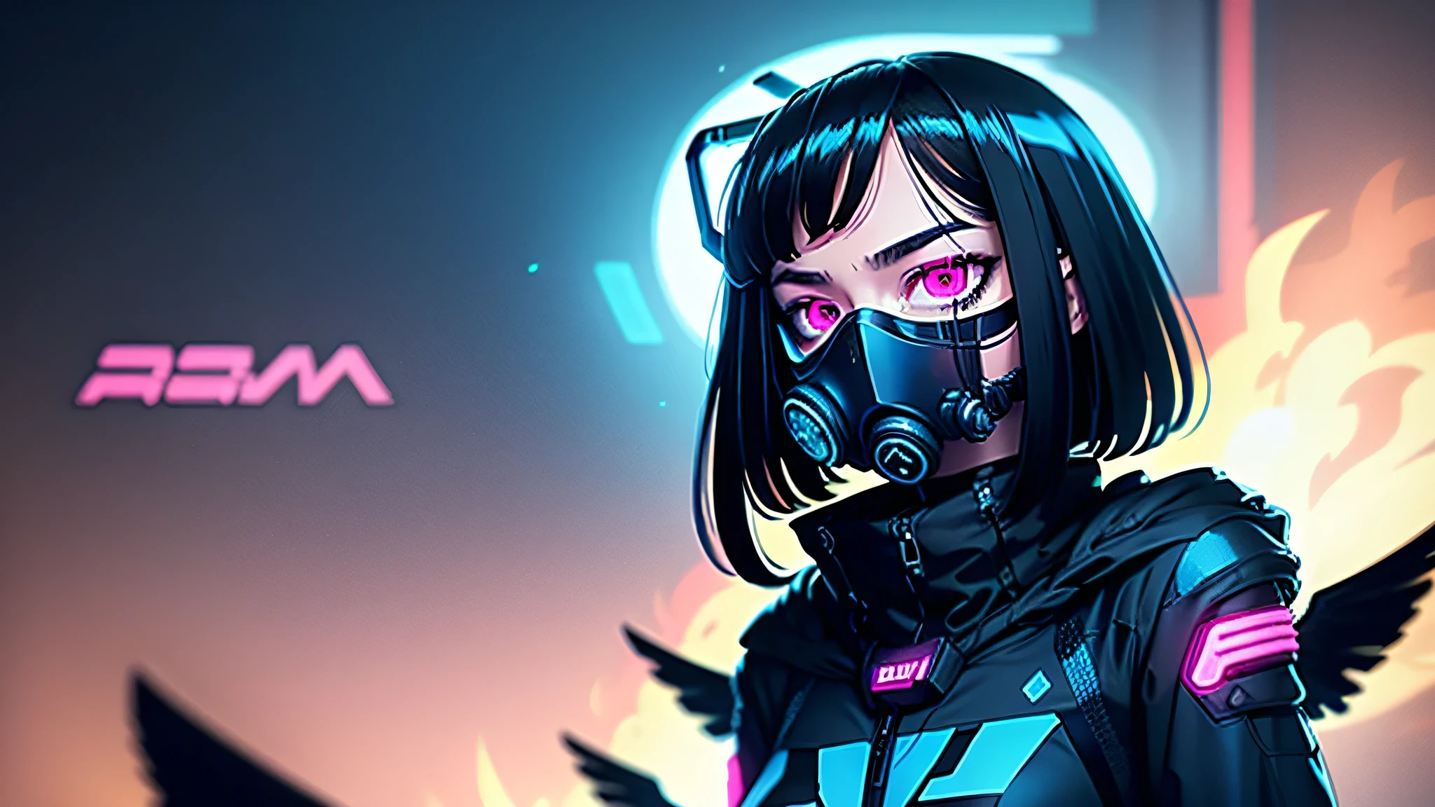 ultra-detailed:1.3, ultra delicate and detailed face:1.3, (absurdres, texture, masterpiece), cowboy shot, vibrant colors, pixiv contest winner, by Posuka Demizu, dynamic manga-style illustration of cyberpunk slender girl with futuristic look, deaturing dark black mechanical wings, sitting in a dynamic pose. She has dark hair with neon highlights and is wearing a black outfit with a blue jacket. The background is simple vibrant, neon-lit cityscape with blue and pink hues, emphasizing the high-tech, sci-fi atmosphere. standing in the middle of the picture, showing whole body, wearing a gas mask, looking more evil, wearing big black parachute pants