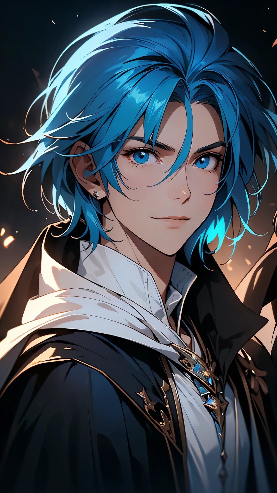 envision a 8k, highres, cinematic, detailed, semi realistic close up portrait of a sharp boy, blue hair, blue eyes, wide confident smile, white shirt, black cloak, hooded, shoulder armor, shoulder cape, Grand Templar, Trace Legacy, Twokinds, (((1boy))), in dark lighting, against a dark background