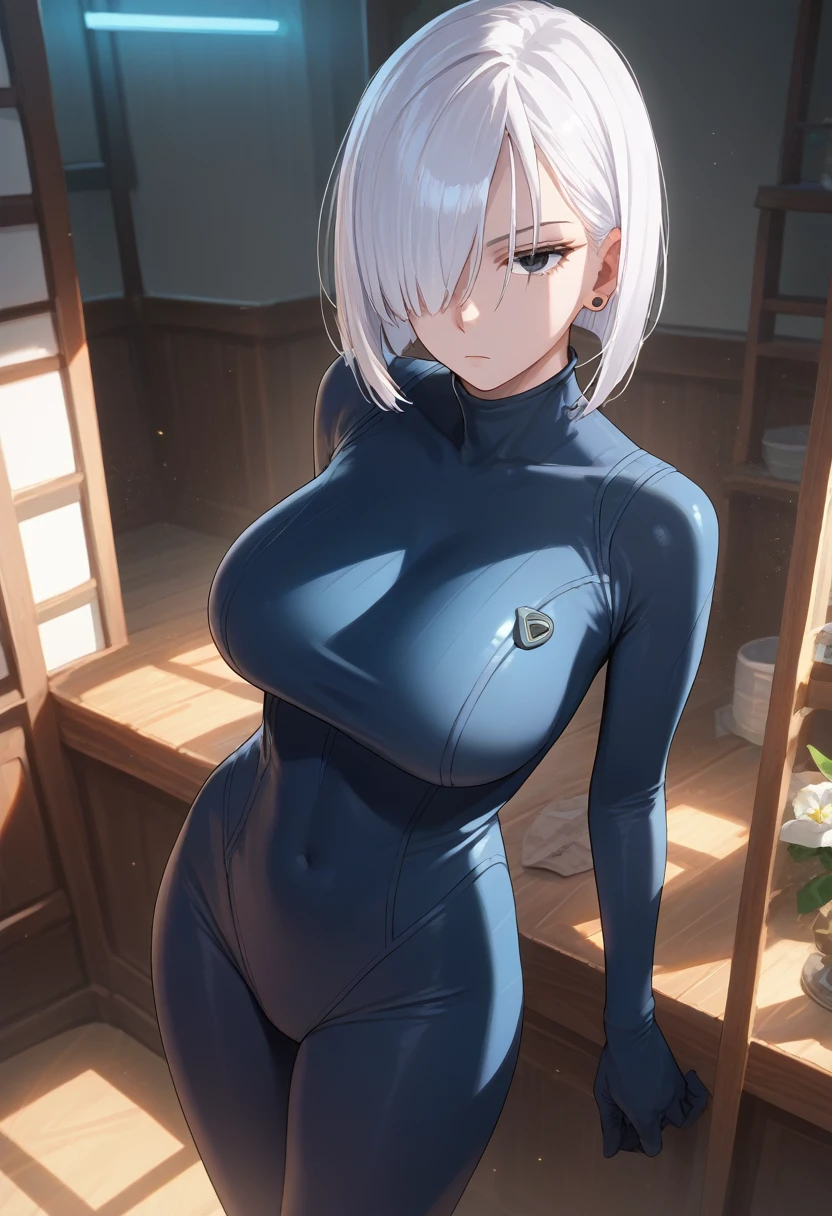 score_9, score_8_up, score_7_up, source_anime, solo, 1girl, fionadef, expressionless, looking at viewer, standing, short hair, white hair, hair over one eye, grey eyes, bodysuits,big  breasts, earrings, indoors 