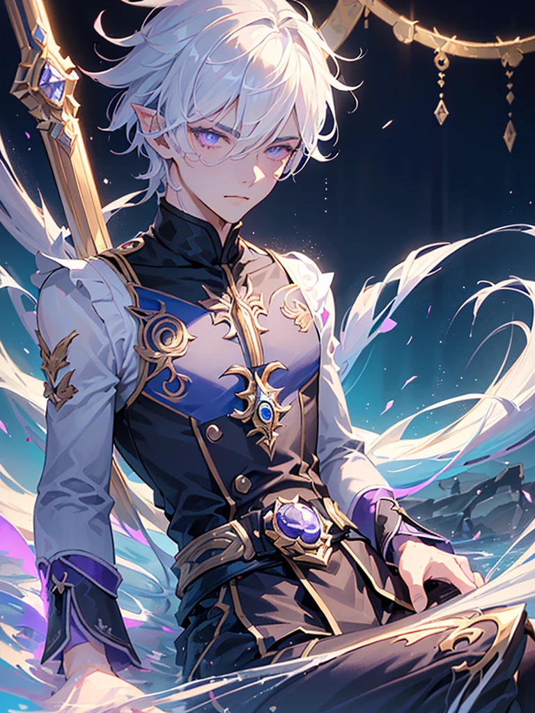 (1boy), solo, ((Neuvillette)), Genshin Impact, base in manga, handsome, ((purple-shaded slit eyes, pointed ears, and waist length white hair with a single lock that has a blue underside, he also has what appears to be two bright)), chill, water, night, jungle, white petals, take shower, wet, lying on the water,