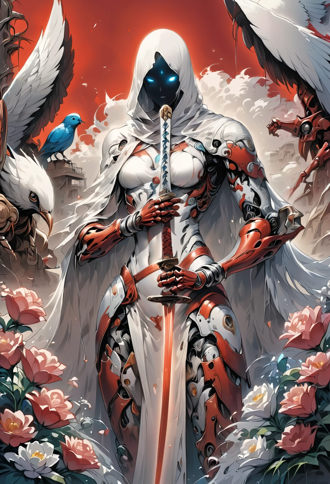 A cyber war with highly advanced mechanical arms and legs, perfectly fused with his human body. Her artificial skin shines with the metallic reflection of the robotic parts that cover her limbs., showing a contrast between the organic and the mechanical. She wears a tight white top that highlights her athletic build., while his detailed tattoos, of flowers and birds, adorn their torso and thighs, adding a touch of humanity and art to its futuristic appearance. They look ahead with determination Behind them, A katana sword is fixed, Ready for combat The deep red background highlights her figure, creating a bold and energetic atmosphere The mechanical details on its extremities show cutting-edge technology. Chrome finish and perfectly integrated with your skin. The warrior seems to be ready for a mission, merging strength, precision and aesthetics in one body