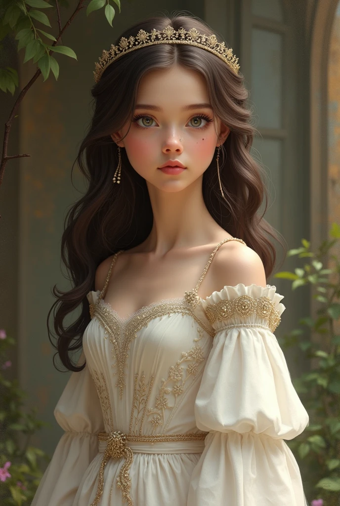 portrait Camila Cabello, wearing tulip costume, against the background of the window, character portrait, 2 3 9 0 s, wavy hair, intricate, elegant, highly detailed, digital painting, artstation, concept art, smooth, sharp focus, illustration, art by wlop, charlie bowater and alexandra fomina, 36k, glittering, shining, correct anatomy
