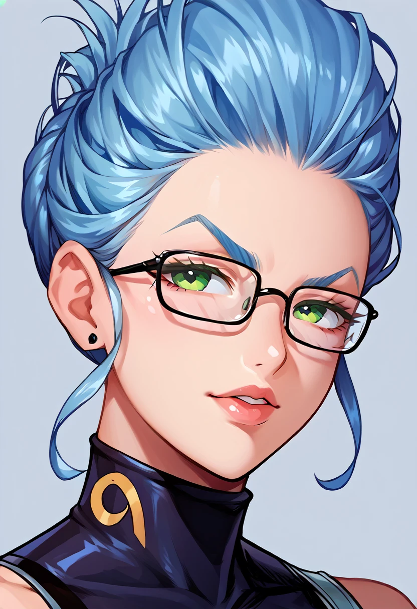 a woman with ,Wavy light blue hair,green eyes,,,Black spacesuit, square glasses, glasses, hair up