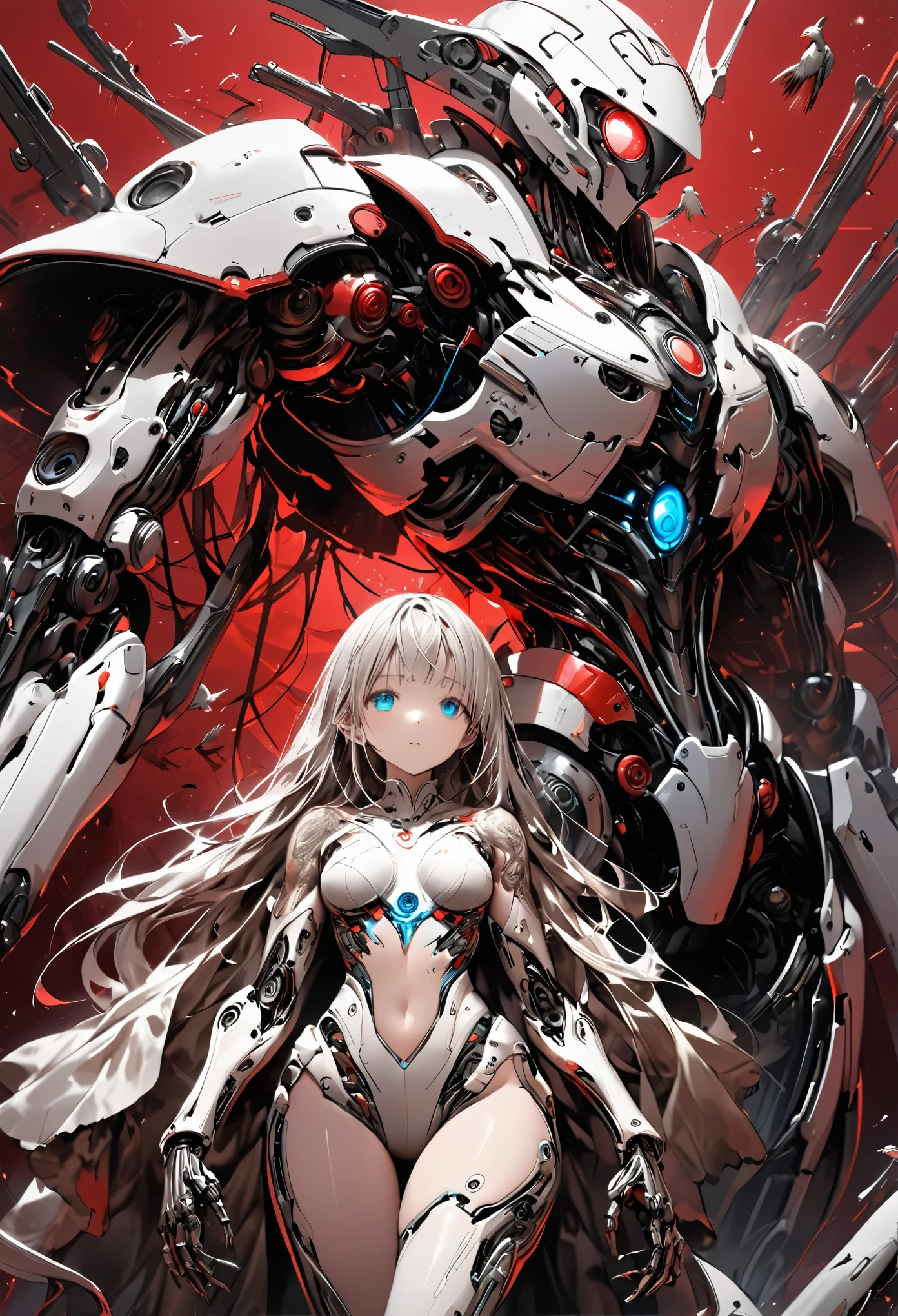 A cyber war with highly advanced mechanical arms and legs, perfectly fused with his human body. Her artificial skin shines with the metallic reflection of the robotic parts that cover her limbs., showing a contrast between the organic and the mechanical. She wears a tight white top that highlights her athletic build., while his detailed tattoos, of flowers and birds, adorn their torso and thighs, adding a touch of humanity and art to its futuristic appearance. They look ahead with determination Behind them, A katana sword is fixed, Ready for combat The deep red background highlights her figure, creating a bold and energetic atmosphere The mechanical details on its extremities show cutting-edge technology. Chrome finish and perfectly integrated with your skin. The warrior seems to be ready for a mission, merging strength, precision and aesthetics in one body