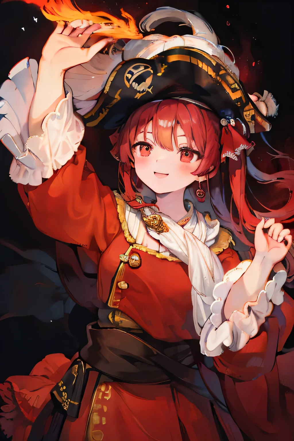 Houshou Marine,whole body,Pirate costume,Red clothes,Black background,Smile,Looking up from below,Eye highlights,Slim body,Light source from above,There is nothing around