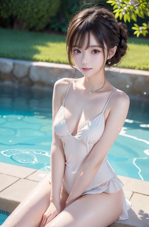 Naked Hinata coming out of a pool. In case the water falls. Her very visible vagina and her big breasts