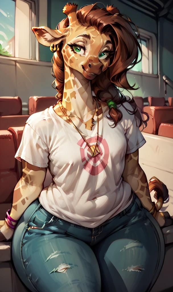 anthropomorphic giraffe woman, long fluffy brown hair, giraffe, small breasts, attractive, (low-cut t-shirt, jeans, earring, necklace, bracelets), shapely body, giraffe tail, large thighs, large, freckles, freckles on face, green eyes, (smiling expression), she is in a busy movie theater, (half-frontal view),