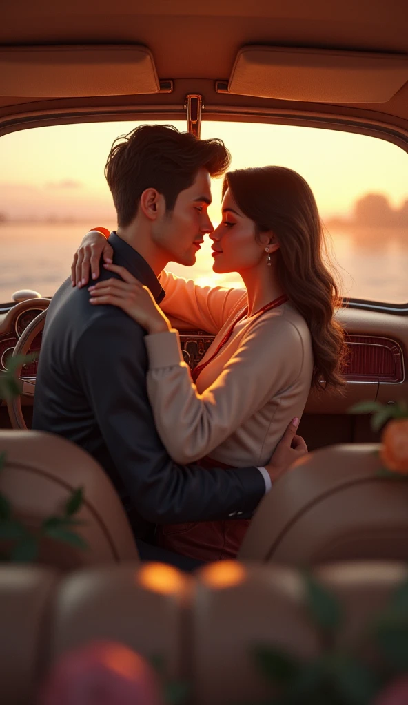 A girl kissing a boy in a car sitting on his thighs
Indian