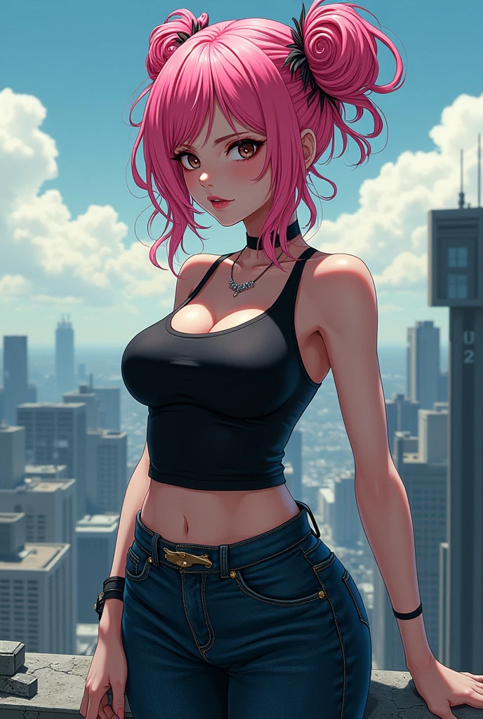 Poison has a punk look, her large pink hair, her eyes are blue and her skin is tanned white, possesses a very sensual face. However, her body figure is extremely exuberant, highlighting her large breasts too much, her voluptuous butt and contoured legs. Her clothes are very small jean shorts, an extremely short white top with a neckline and a police hat. She wears high heels, bracelets and handcuffs on her waist, uses a whip as a weapon.(anime style)