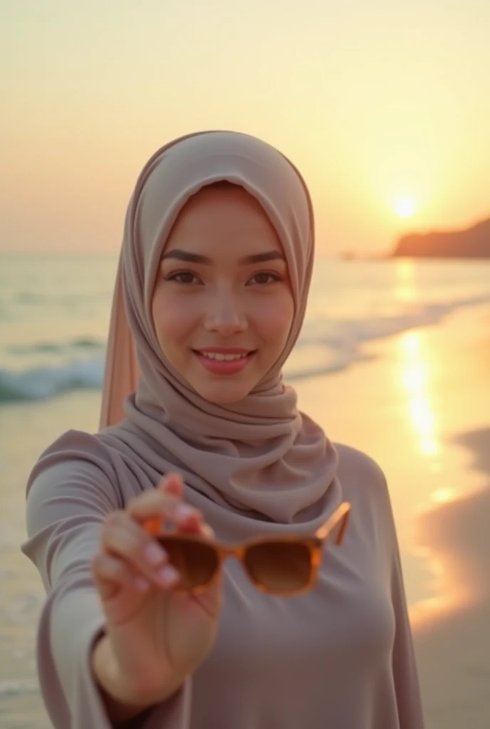 A 2 woman is taking a selfie while holding a blue and yellow volleyball, wearing a realistic hijab version of a volleyball uniform in a barren and barren place. Her trousers have the word ayu written on them on her right thigh.