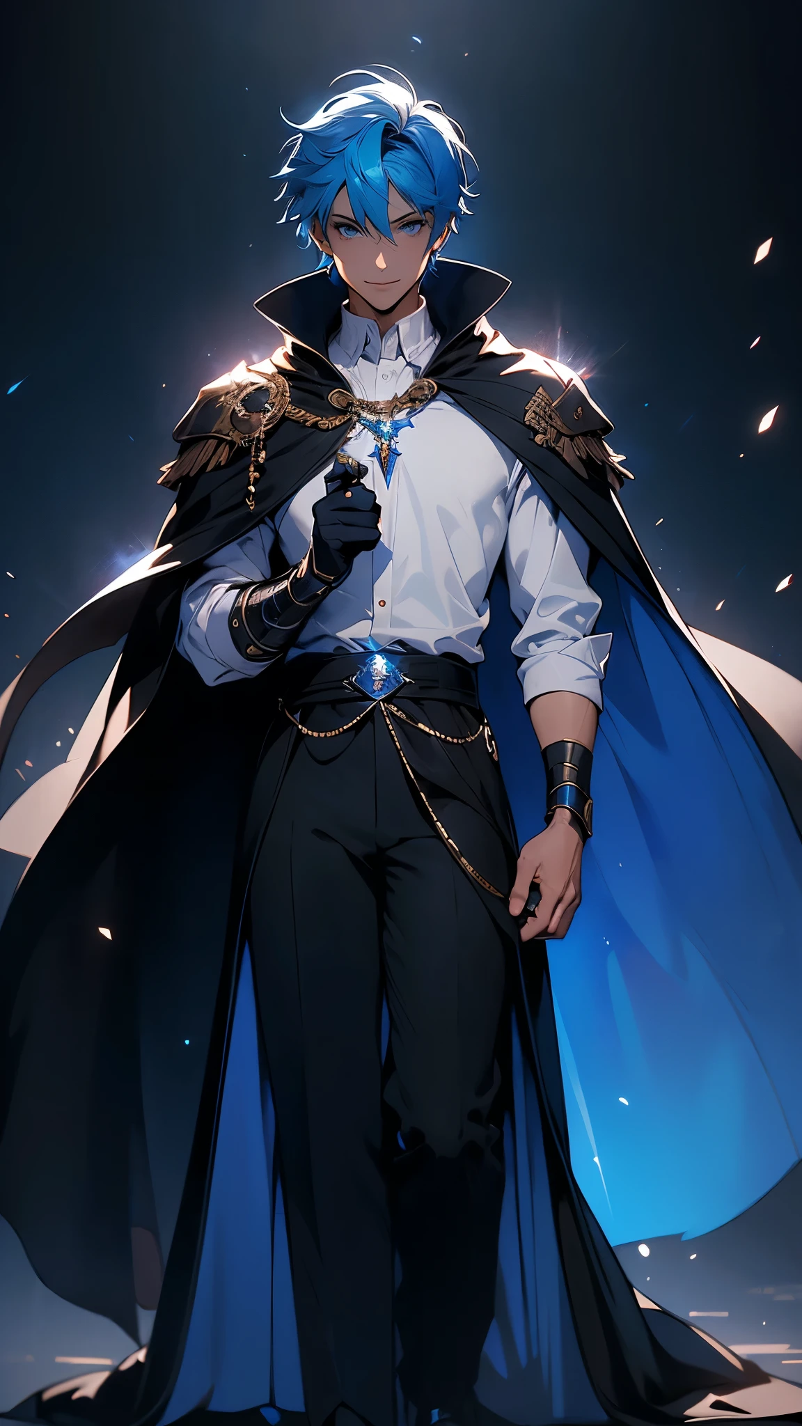 envision a 8k, highres, cinematic, detailed, semi realistic full body pinup of a sharp boy, blue hair, blue eyes, wide confident smile, white shirt, black cloak, hooded, shoulder armor, shoulder cape, Grand Templar, Trace Legacy, (((1boy))), in dark lighting, against a dark background