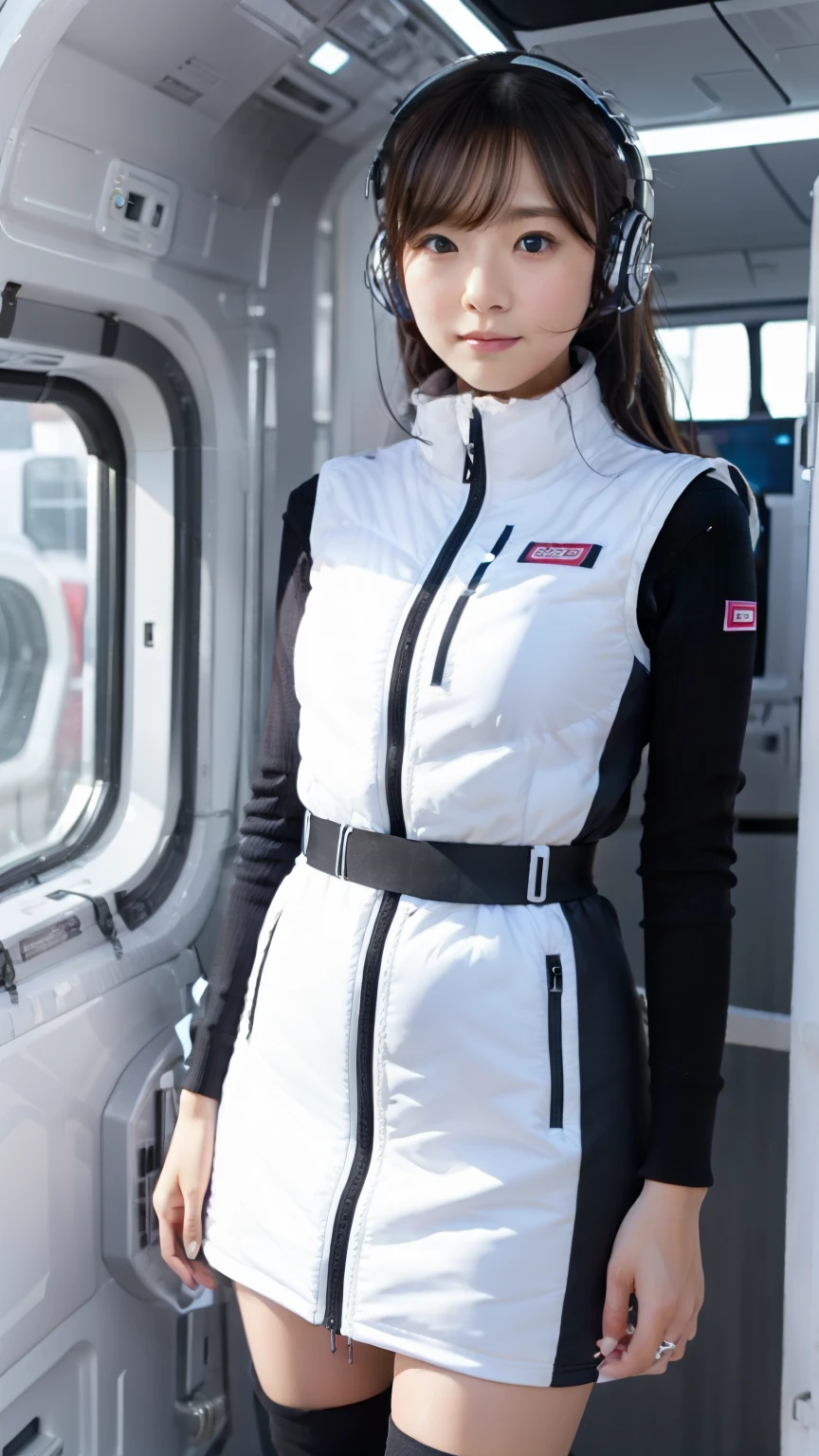 (Best Quality), (masterpiece), 1080P, High resolution, 4K, 8k, Inside the space station、Futuristic room、One Woman,20yo,astrovest,white shiny latex astrovest, black long sleeves,white down skirt,BREAK Shooting from directly below,Composition seen from below:3,BREAK Flip up the skirt、skirt rift up,Show your pants:5,、BREAK Smile、White diapers:3, sweat, Woman looking down,headphone,Braided Hair, Inner Color, Embarrassed face, Short black hair, smartwatch,, bedroom,