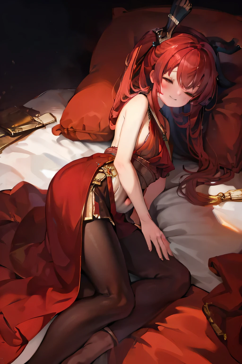 Houshou Marine,whole body,Pirate costume,Red clothes,Black background,Smile,Looking down from above,Eyes closed,Slim body,Light source from above,Sleeping in bed,Lying on your back