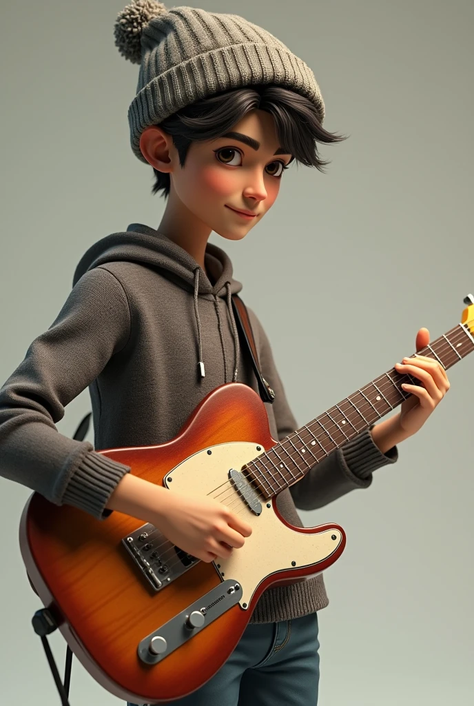 Young brown haired boy playing a solo on a wood-colored strato guitar with black rim and white pickguard.