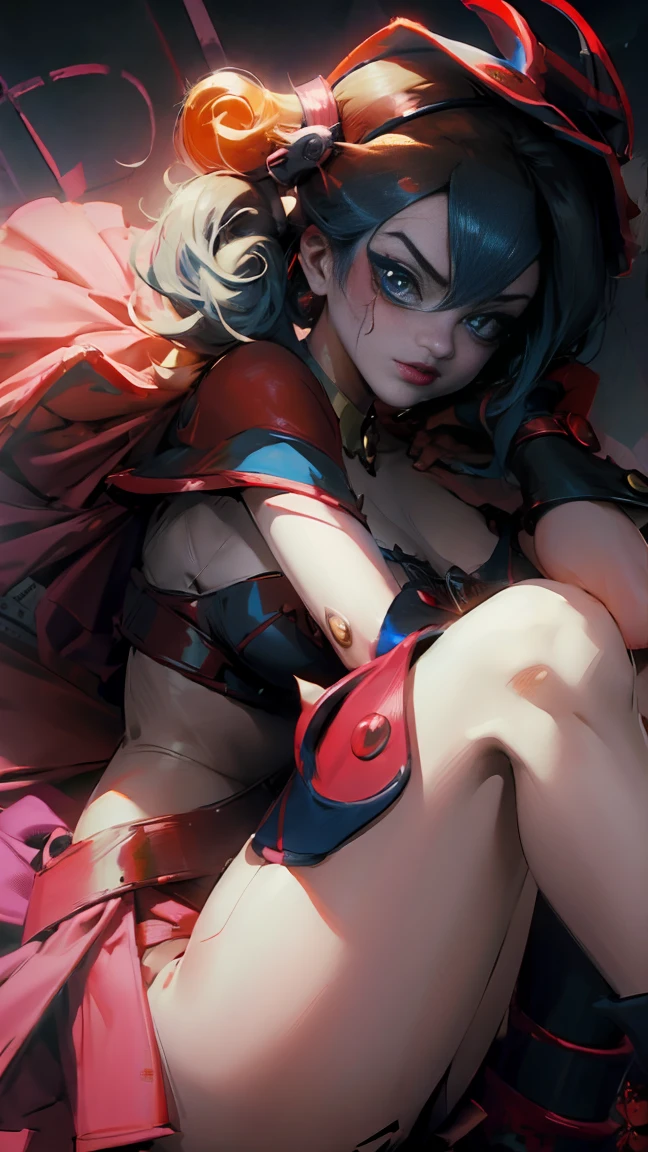 Dark magician Gils dressed as Harley Quinn. She has blonde and black hair. blue eyes. red lips. Dark magician girl is dressed as Harley Quinn. Sensual and innocent pose. circus background 