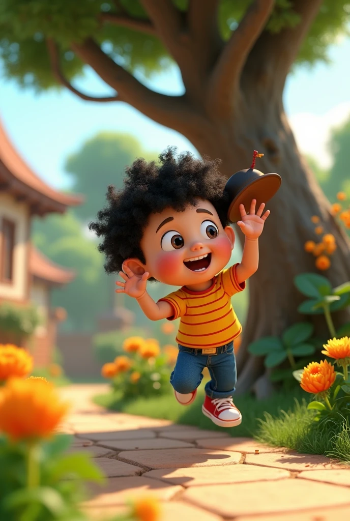 A small and mischievous being, with vibrant clothes and a big smile. Could be in a dynamic pose, jumping or running, in an environment that represents joy and curiosity, like a colorful forest or an amusement park.