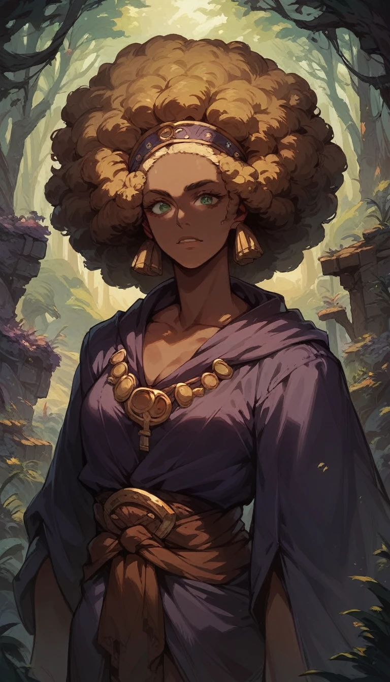 score_9, score_8_up, score_7_up, score_6_up, 1woman, ((brown skin)), blonde hair, afro, green eyes, warlock, purple robe, hat, forest, solo