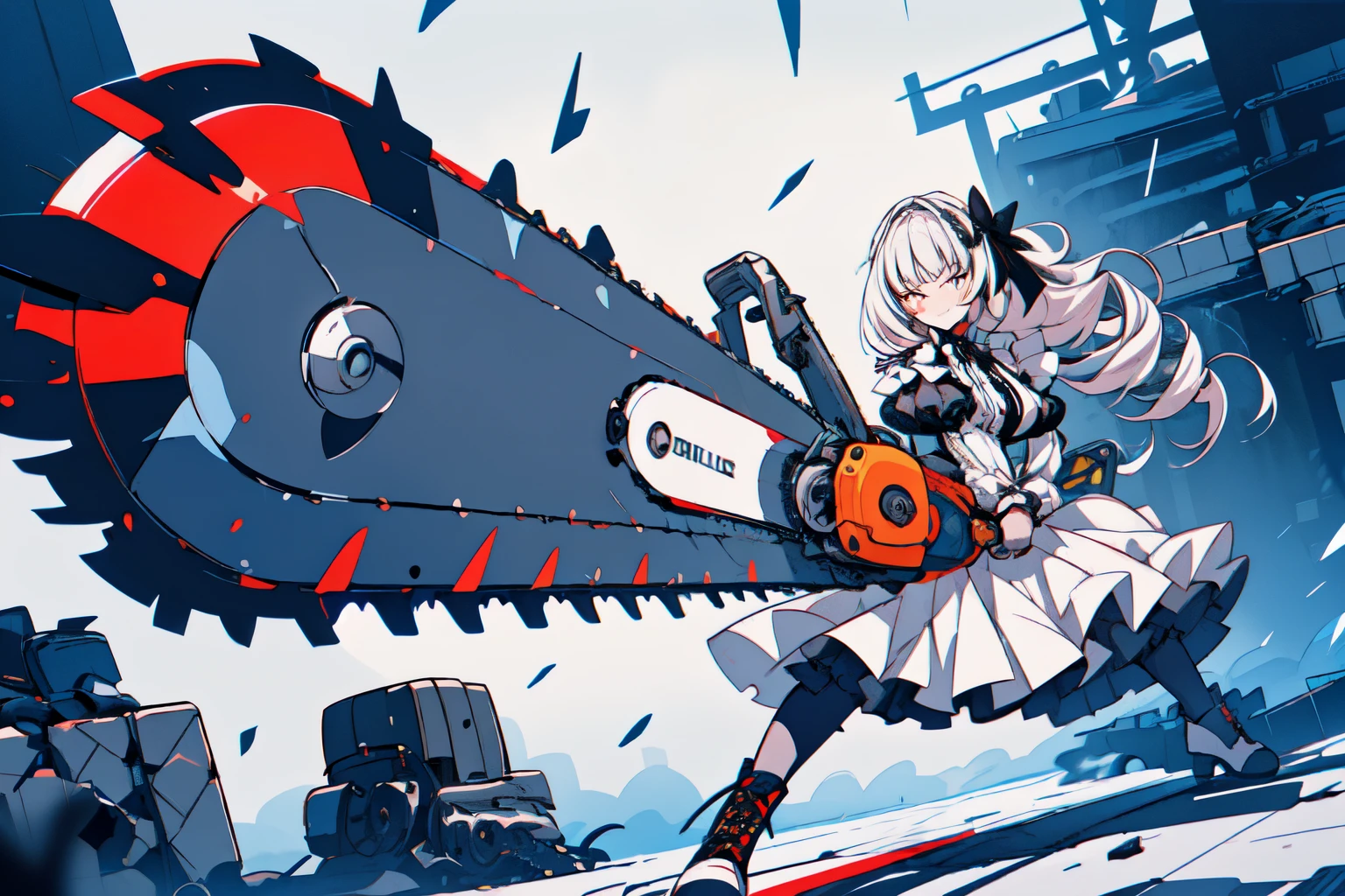 (best quality, ultra detailed), 1girl, solo, grin, drill_hair, cyb dress, frilled dress, layered dress, frills, bow, ribbon, long sleeves, combat boots, sunrise stance, (mechanical chainsaw, holding weapon:1.3), (brutality, shock wave:1.1), wind, neon colors dots background, vector art, 