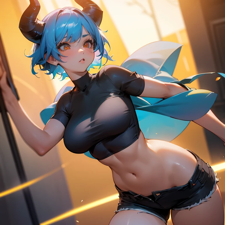 Nsfw, Girl, short blue hair, orange eyes, horns, big breasts, exposed stomach, short shorts, loose gray short-sleeved T-shirt, black shorts,

Anatomically correct, Masterpiece, Award-winning many times, Highly detailed, UHD,Lens flare, Chromatic aberration, NSFW.
