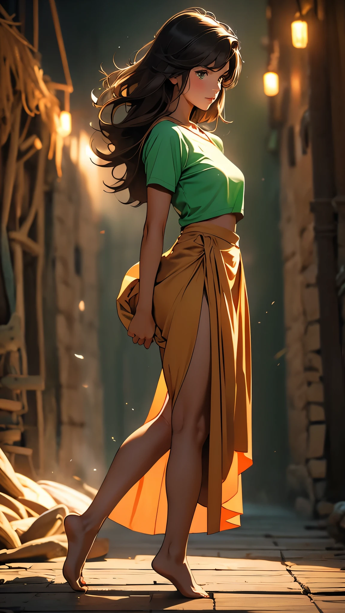 envision a 8k, highres, cinematic, beautiful full body pinup of a sexy lady with a slender body, strong face, strong mature older face, (((brown hair))), multicolored, side locks, long bangs, green eyes, Tiona Hiryute, cropped shirt, long skirt, barefoot, ((((1girl)))), in dark lighting, against a dark gray background