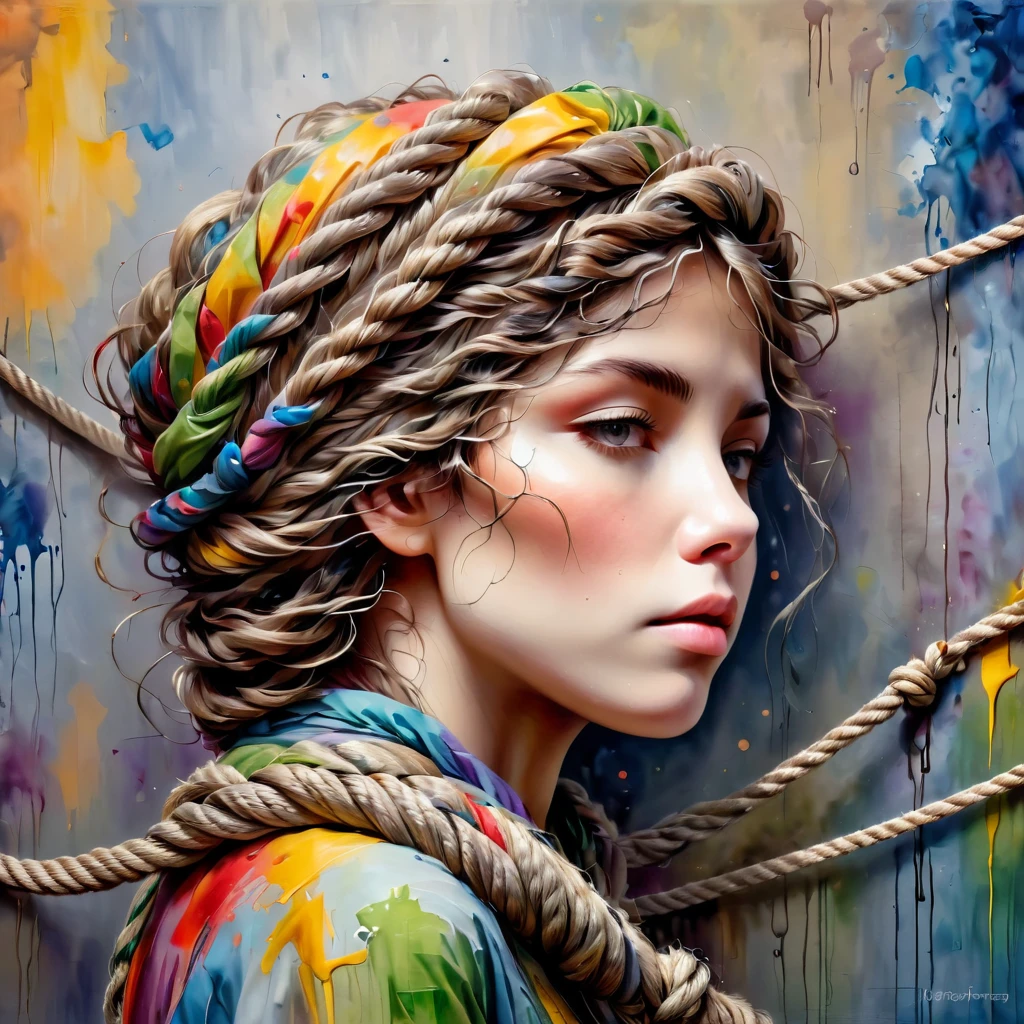 A woman wrapped in ropes, tied up, Oil painting, highly detailed textured, colourful