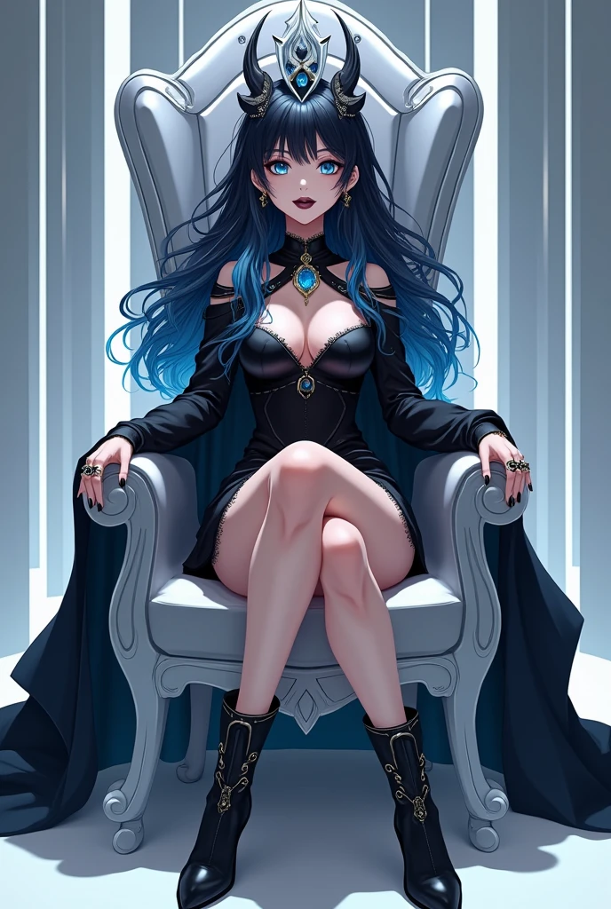 A queen is sitting on a throne in the underwater palace, the queen has dark blue hair that goes past her butt, tifa's face, tifa-like hair, blue eyes, cold demeanor, wearing a tight dress sexy close-up, big boobs, big butt, belly, topless outfit, a long blue sea dragon entwining her throne, architectural style final fantasy 15, DARK, Haunted Book MAGIC, CHARACTER, MAGIC EFFECTS, MAGIC ILLUSION, MAGIC ARCHITECTURE