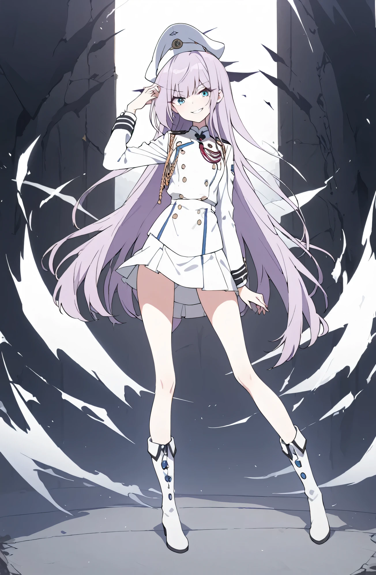 1girl,adult, standing,white airforce_uniform, ARIA,purple hair, blue eyes,  service cap, flight cap, evil grin,mini skirt,full body,whole body,((white long boots)),slender body,thin legs,tall,