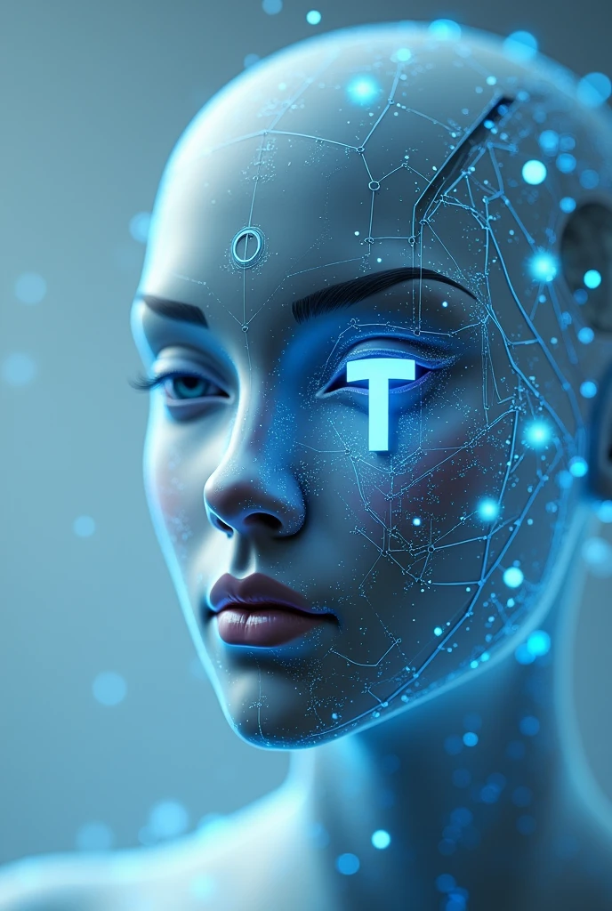 Half Body. high quality, 8K Ultra HD，woman，The whole body is surrounded by a series of blue binary codes, Curved lines and patterns,  Weaving together，Creating a fusion of technology and art, Background with binary code, Hues range from electric blue to bright green, Most popular。
