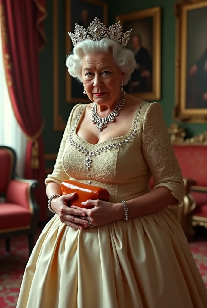 masterpiece, (busty breast:1.4), (queen elizabeth 80yo) (kissing a penis:1.6) with (close mouth:1.4), (white sheer silk dress:1.5), (looking up the man), background room ospital
